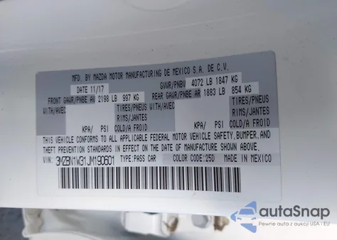 2018 Mazda Mazda3 Grand Touring из США, поврежденный, VIN 3MZBN1W31JM190601